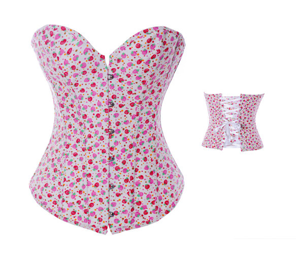White with red and pink strawberry print jeans corset  bustier boned lace up lingerie showgirl dropship  S-2XL
