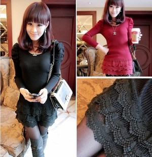 WHOLE SALE Clothes women's 2013 spring gentlewomen sweep lace patchwork crochet knitted basic shirt mushroom FREE SHIPPING