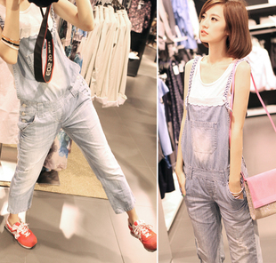 WHOLE SALE Mushroom spring 2013 sweet lace decoration light color department of hole denim bib pants female FREE SHIPPING