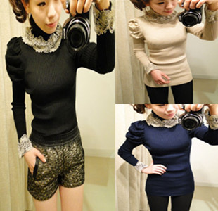 WHOLE SALE Mushroom spring 2013 women's lace fashion turtleneck puff sleeve basic sweater top FREE SHIPPING