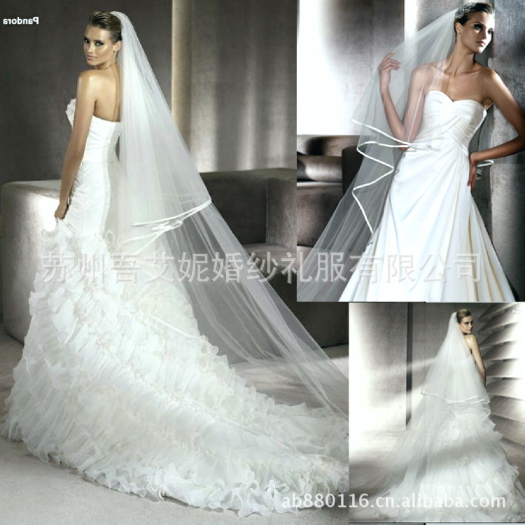 whole sale price T190-3m 3m bridal veil single tier ribbon top design long train veil