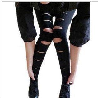 wholesaale /Super show thin paragraph Hole imitation leather base pants