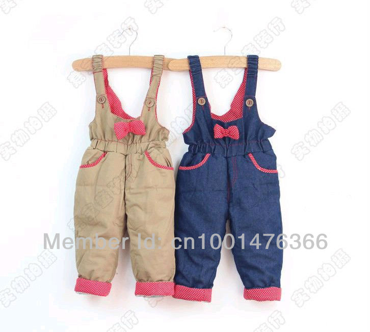 Wholesale - 1-5years Children baby girl Autumn Winter thicken suspender thouser, cute bow overalls