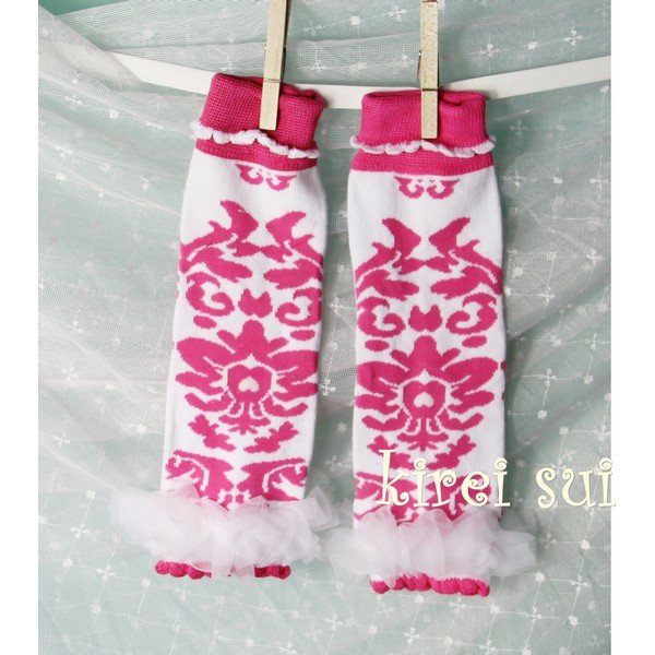 Wholesale 10 Pcs / Lot Girls Hot Pink Demask Leg Warmers with White Ruffles