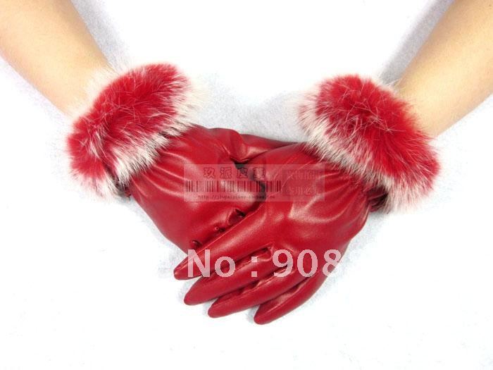 wholesale 10pairs/Lots New Red Furry Lady's Leather Goves Lined With Velvet