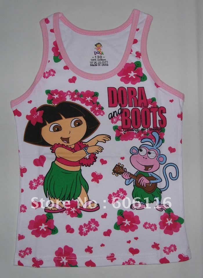 Wholesale (12pcs/lot)  Kids underwear Girls' cartoon dora tank top Children cotton vest / waist with mixing 4 sizes-HS-GV-DR-W