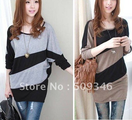 Wholesale 1pc/lot Fashion Spring Autumn Women Ladies Striped Blouses Tops Shirts Long Sleeve Batwing Gray Coffee