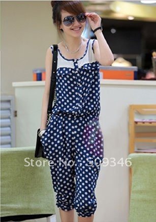 Wholesale 1pc/lot Fashion Women Summer Cotton Blends Sleeveless Polka Dot Romper Jumpsuit Seven Pants Free Shipping