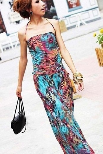 Wholesale 1pc/lot Women Bohemia Maxi Long Casual Beach Dress Summer Halter Spaghetti Strap Braces Floral Print Smocked