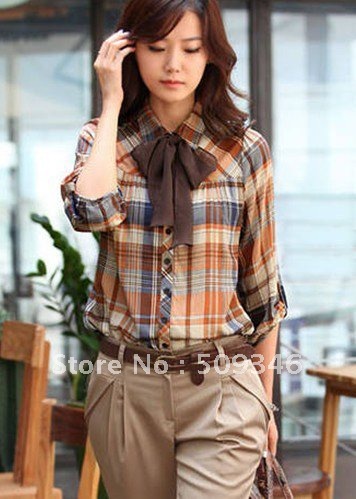 Wholesale 1pc/lot Women Lady Spring Autumn 3/4 Sleeve Plaid Grid Casual Tops Blouse Shirt Cotton Orange Green Size M L