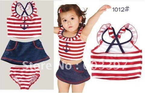 Wholesale 2012 Anchor Red Striped Toddler Girls' Two Piece Swimwear Swimsuit Swimming Suit Bathing Suit Costume