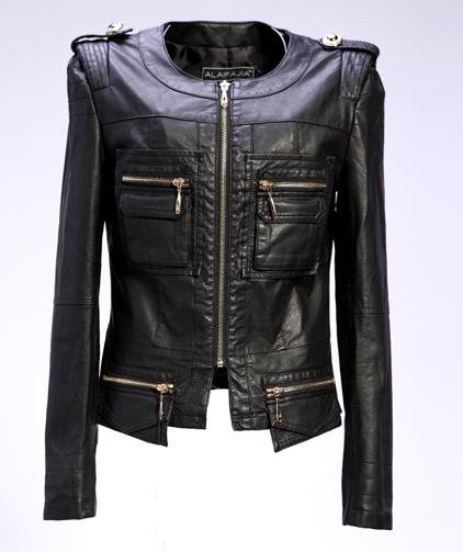 wholesale  2012 brand fashion Zippers PU leather  temperament Epaulette slim black m-xl women jacket/Lady Coat /Outerwear 413092