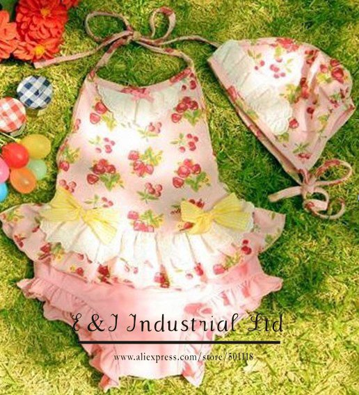 Wholesale - 2012 FASHION Baby Girl Floral Hood Swimsuit Pink Hat Sample Supported Age:4-8Y Support Mixed Designs