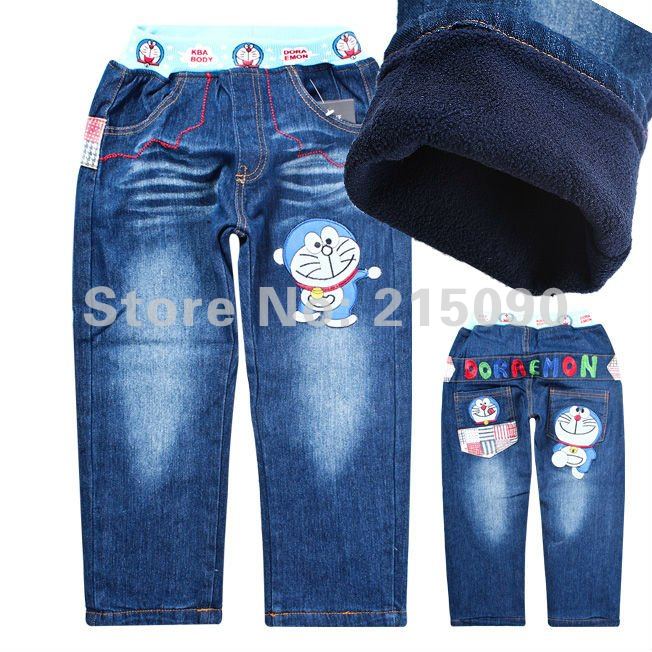 Wholesale 2012 Fashion kids boys denim fleece pants jeans baby winter warm jeans DORAEMON children thick jeans FREE SHIPPING
