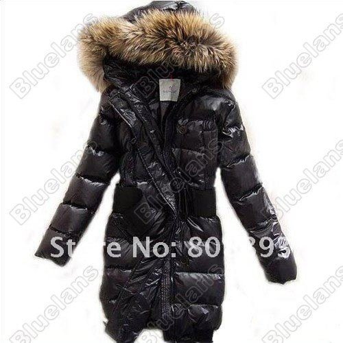 Wholesale 2012 Fashion Womens Slim Long Section of Thickened Hooded Large Wool Collar Duck Down Coat Black Good Gifts 30049