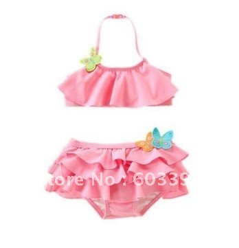 Wholesale 2012 girl's swimsuit Girl's bikini swimwear girl Pink butterfly princess dress swimsuit / split swimsuit