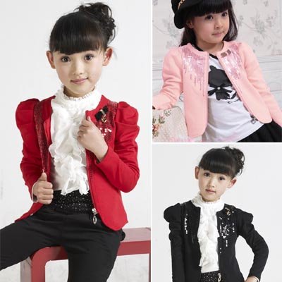 Wholesale 2012 Girls Coats Fashion Clothing Nice Paillette Jaquete Spring Jackets Cardigan Suits Princess Puff Sleeves Wear