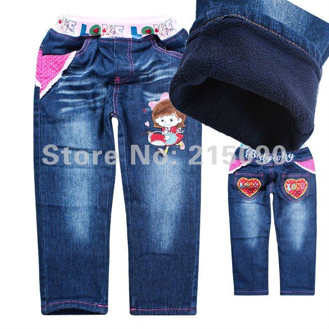 Wholesale 2012 High quality kids girls jeans embroidery thicken Warm pants baby jeans winter children jeans thick free shipping
