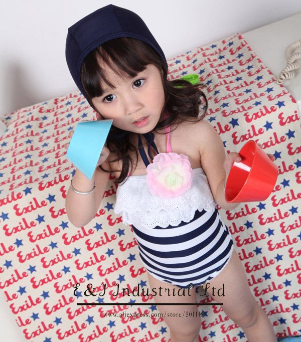 Wholesale - 2012 Kids Girl Sripe One-piee Black Swimwear With Lovely Hat.5 pcs/lot Baby Swimsuit CN-017