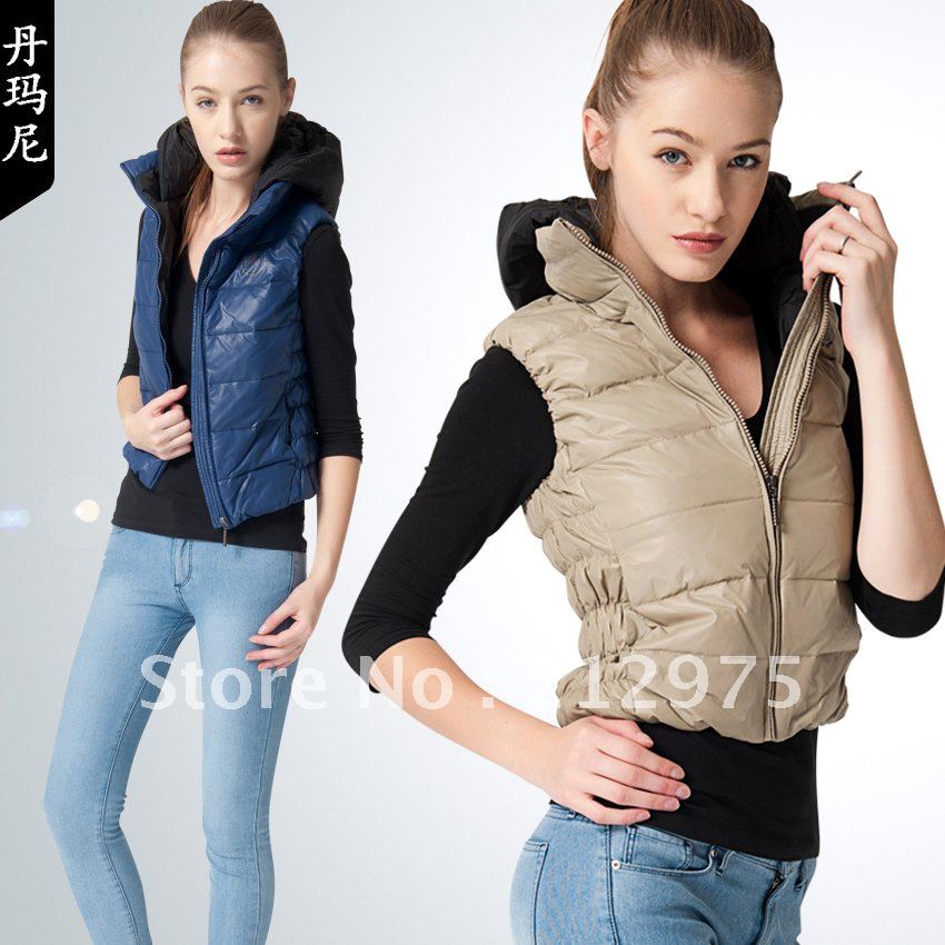 Wholesale 2012 Korea Fashion New Arrival Sleeveless Slim Down Vest Women with A Hood Collar Multi-color
