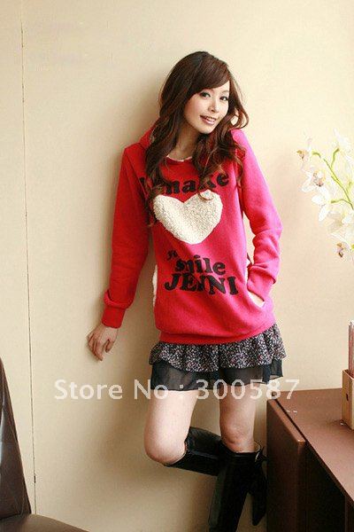 Wholesale - 2012 latest style Heart Hoodie Slim thicker long Sweater Coat jacket outer wear/3 colors