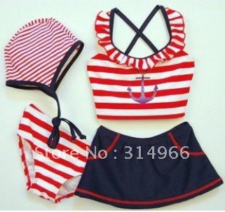 wholesale 2012 new arrive lovely girl`s four-piece swimming suit baby stripe sailor Swimwear skirt underwear with cap 5sets