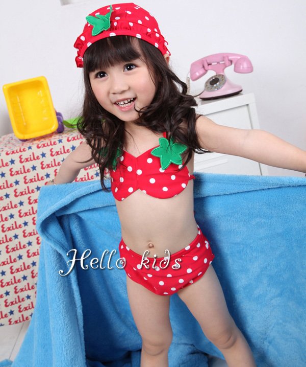 Wholesale - 2012 New Arrive Lovely Strawberry Baby Girl Swimwear Red Hat+Two-piece Bikini Size:90-130