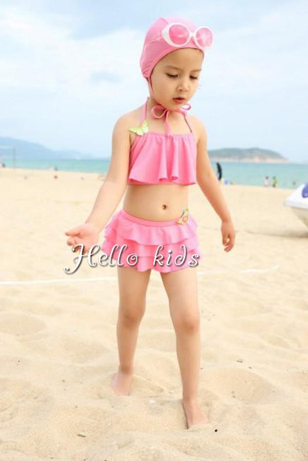 Wholesale - 2012 NEW Baby Girl Pink Neck Swimsuit Kids Strap Swimwear 3 Layers Age:3-7Y Girl Bathing Suit