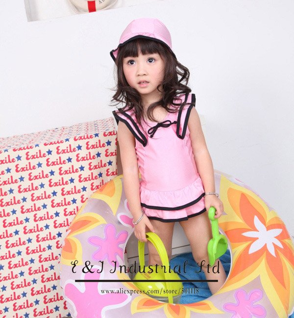 Wholesale - 2012 New Pink Swim Suit Hat+ Swim Dresses 2-7Y Infant Girl Swimgear Free Shipping Swimdress