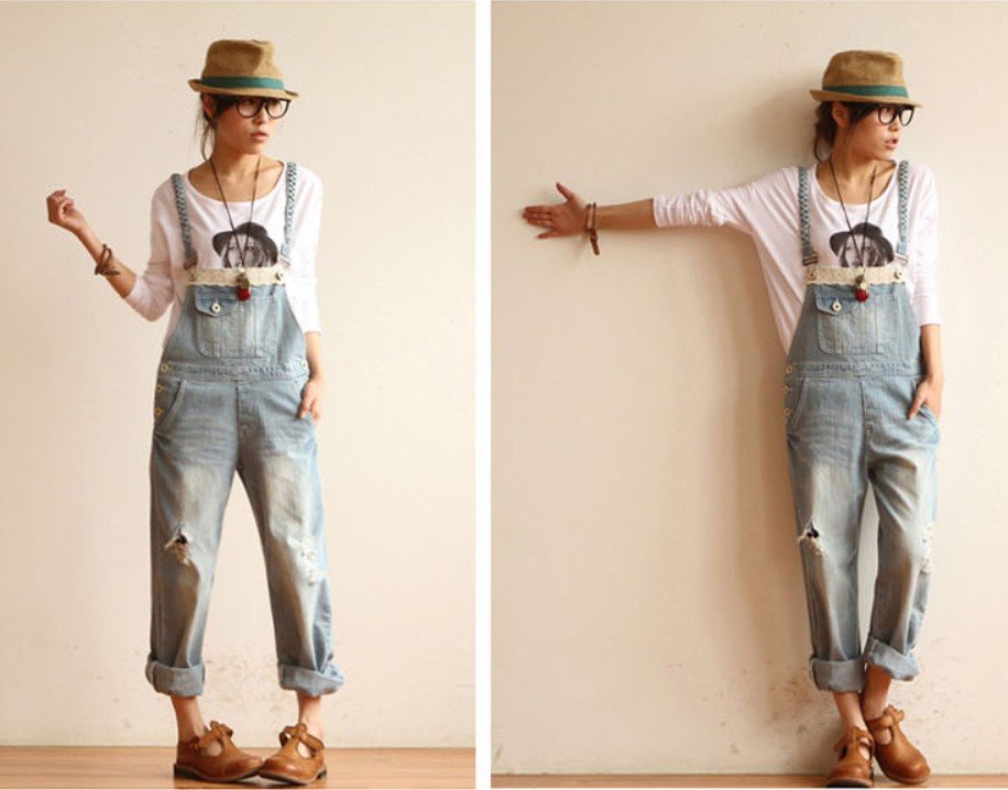 wholesale 2012 new women's overalls loose Japanese and Korean style denim strap trousers Fashion hole grinding old free shipping