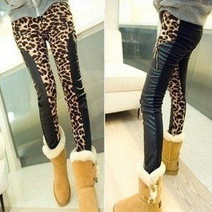 Wholesale 2012 Newest Sexy Women Leopard Leather Zipper Elastic Tight Leggings Pants,Free Shipping