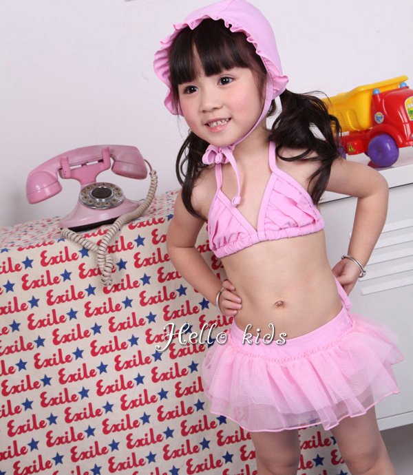 Wholesale - 2012 Pink Two-piece Baby Swimming Costume + Hat 4-7Y Sample Supported Girl Swimwear 6 sets/lot