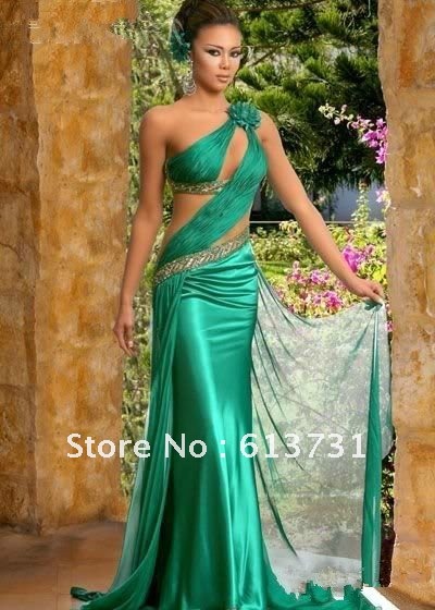 Wholesale - 2012 Sexy One Shoulder See Through Beading Green Long Chiffon-Satin Evening Dress ED0017