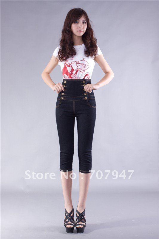 wholesale 2012 Summer Fashion high waist denim shorts jeans skinny jeans woman pants   with double breasted Wholesale Wholesale