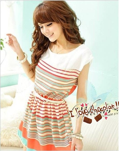 wholesale 2012 summer New Colorful Stripes orange stripnes Chiffon Mini Dress Free Bowknot Belt Women's Dresses free shipping