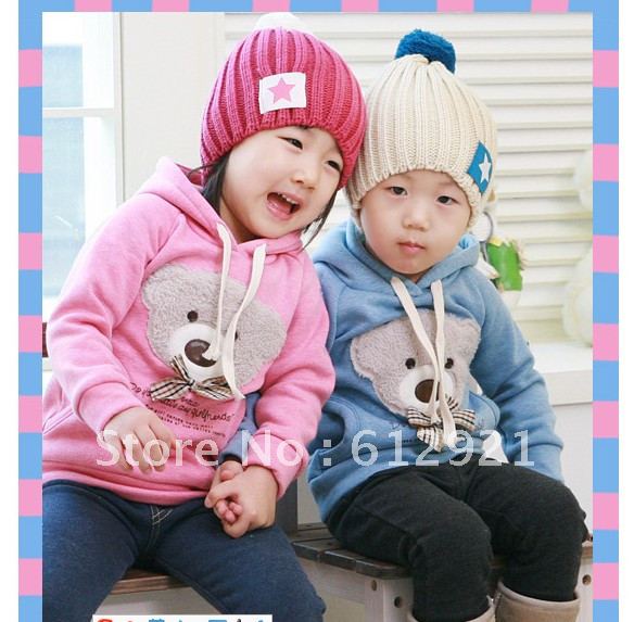 wholesale 2012 winter bear hoodies  kids sweatshirt coat children's clothing blue pink free shipping