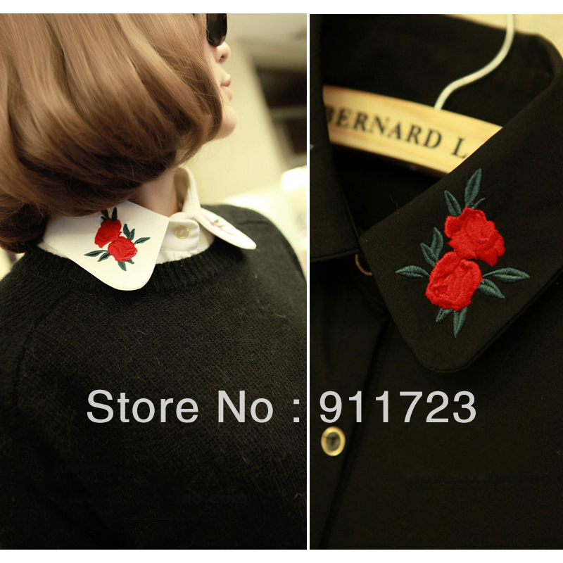 Wholesale 2013 Brand New Western Style All Matching Rose embroidery Turn-down Shirt For Women/Ladies Basic Shirt Patterns