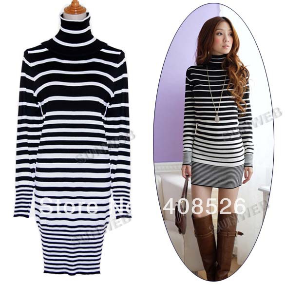 wholesale 2013 Casual Women Turtleneck Black-White Stripes Render Pullover Sweater knitted Dress free shipping 8498