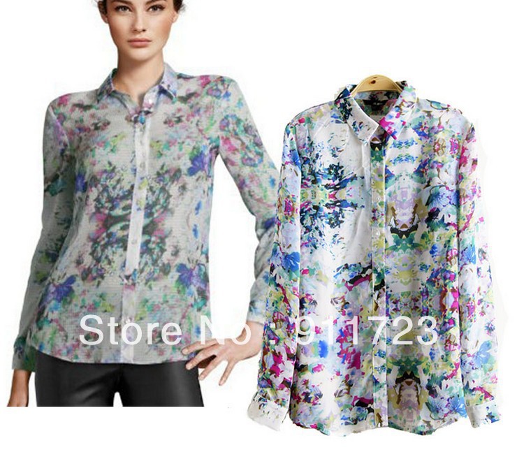 Wholesale 2013 Hot Selling Turn-down Collar Printing Long Sleeve Chiffon Blouse For Women/Ladies Fashion Printed Chiffon Shirt