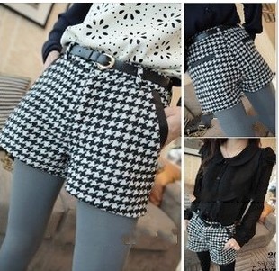 Wholesale 2013 Ladies New Spring Dogtooth Short Pants Design Patchwork Plus Large Shorts With Belt S-XXL Freeshipping