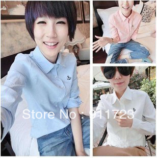 Wholesale 2013 New Arrival Womens Solid Color Slim Fit Long Sleeve Shirt/Small Embroidery Logo Turn-down Collar Shirt For Women