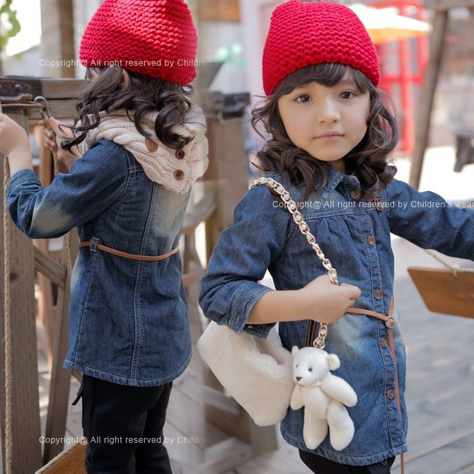 Wholesale! 2013 New arrver  Free shipping! female child belt long design denim coat    girl's shirt