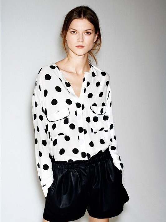 wholesale  2013 New fashion womens' elegant Polka dot print Chiffon Blouse loose style beige black dot shirts