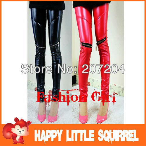 wholesale 2013 New Red and Black PUNK WOMEN'S LEATHER LIKE ZIPPER LEGGINGS PANTS TIGHTS HOT