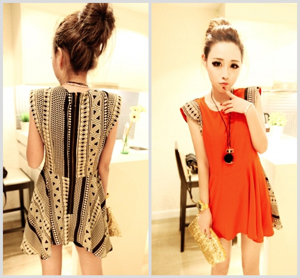 Wholesale - 2013 New Women Retro Summer Geometric Patterns Shoulder Pads Short Sleeve Chiffon Dress