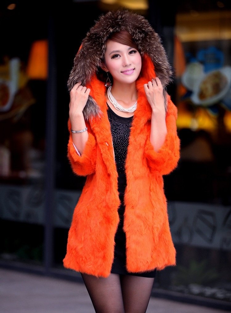 Wholesale 2013 Rabbit Fur coat ,Fashion Elegant Hooded Raccoon fur collar Ladies' fur Overcoat ,Free shipping FH333A