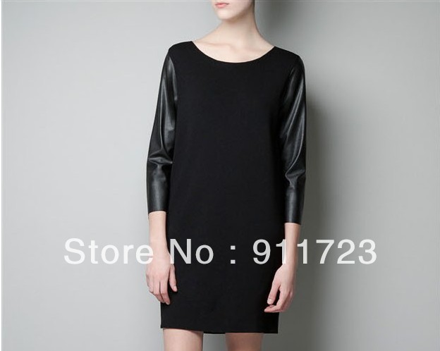 Wholesale 2013 Spring New Arrival Western Leather Sleeve Patchwork Solid Color Dress For Women/Ladies Trendy Dress Style