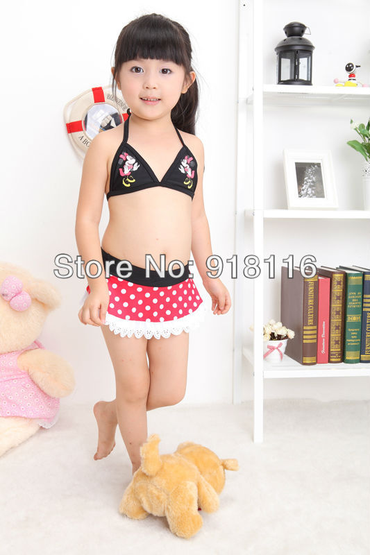 Wholesale 2013 Tag Child Swimwear Split Red/Black Bikini Dot Swimsuit Mouse Pattern Girls Beachwear Free shipping (2920)