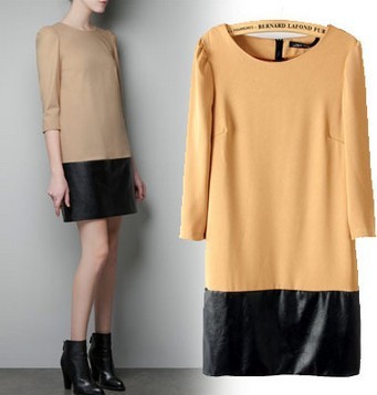 wholesale,2013 women new dresses, fashion spring and summer puff sleeve o-neck PU leather patchwork  lady dress