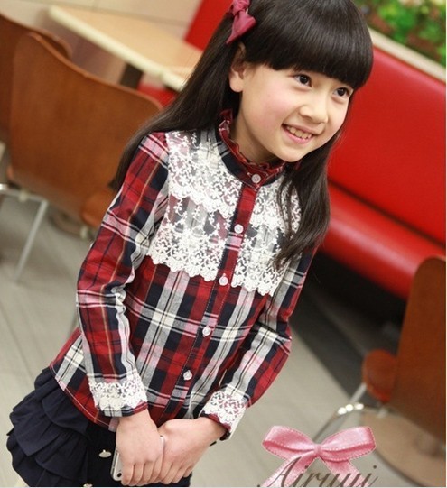 Wholesale--4pcs/lot,2013 spring models Korean children's wear the dark red chambray lace long-sleeved shirt ,free shipping.